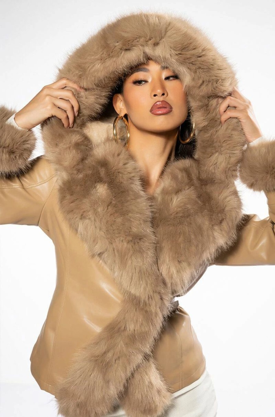 Moto Jackets * | Azalea Wang Nabina Faux Fur Lined Hooded Moto Caramel