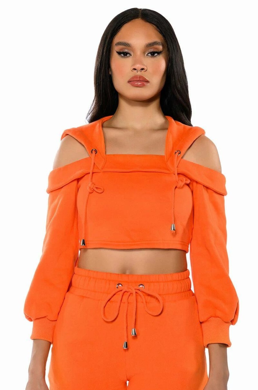 Hoodies And Sweatshirts * | Guilty By Association Cropped Off The Shoulder Sweatshirt Orange