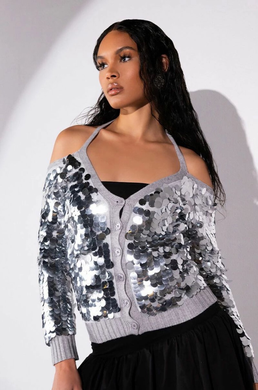 Long Sleeve Tops * | Satisfy Me Sequin Cold Shoulder Top Silver