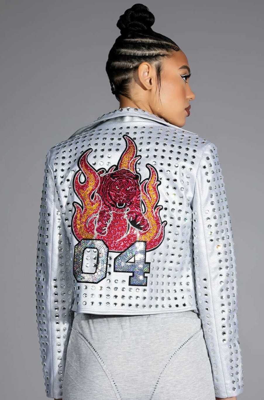 Moto Jackets * | Year Of The Tiger Metallic Rhinestone Moto Jacket Silver