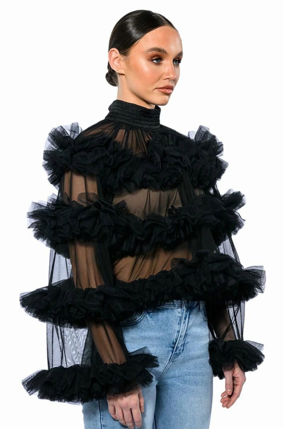 Long Sleeve Tops * | Multi Layer Ruffles Statement Top Black