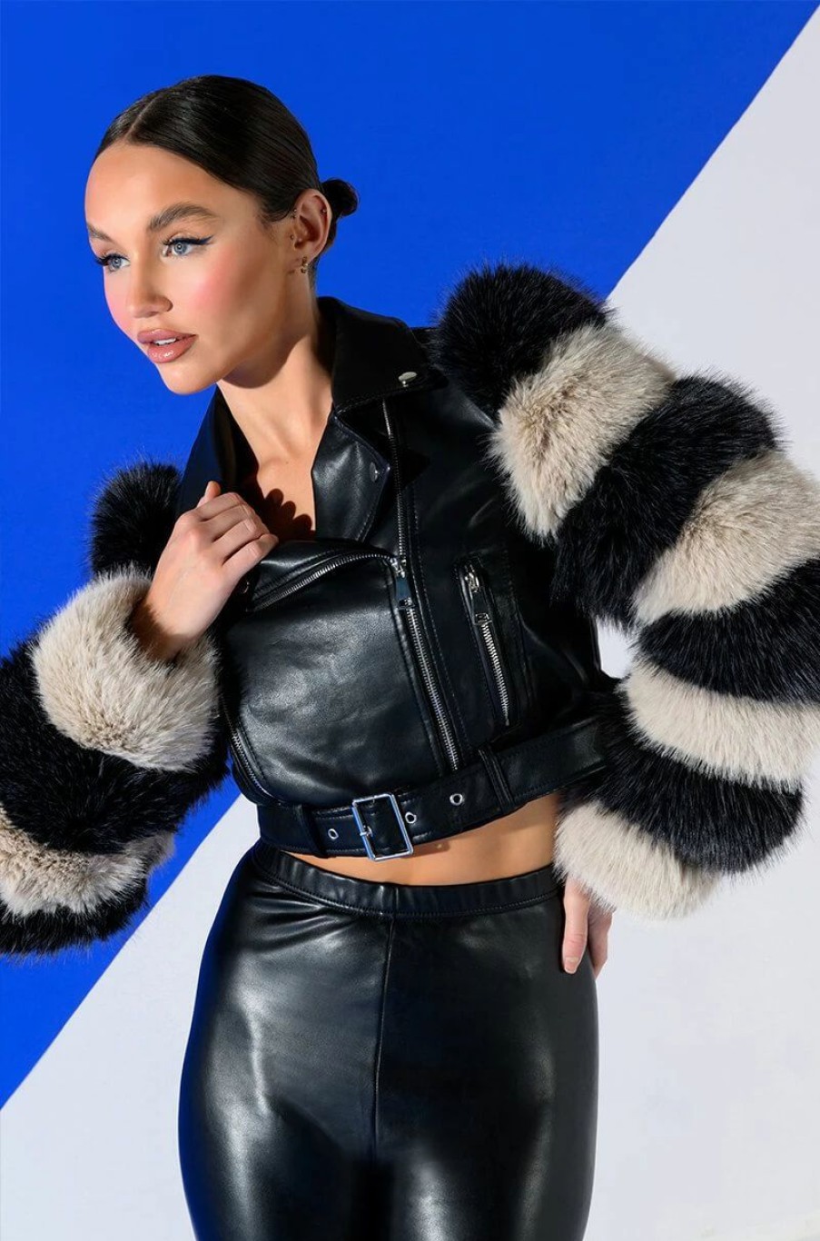 Moto Jackets * | Veneta Moto Jacket With Faux Fur Arm Black Multi