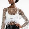 Long Sleeve Tops * | Want More Rhinestone Mesh Crop Top With Feather Trim White