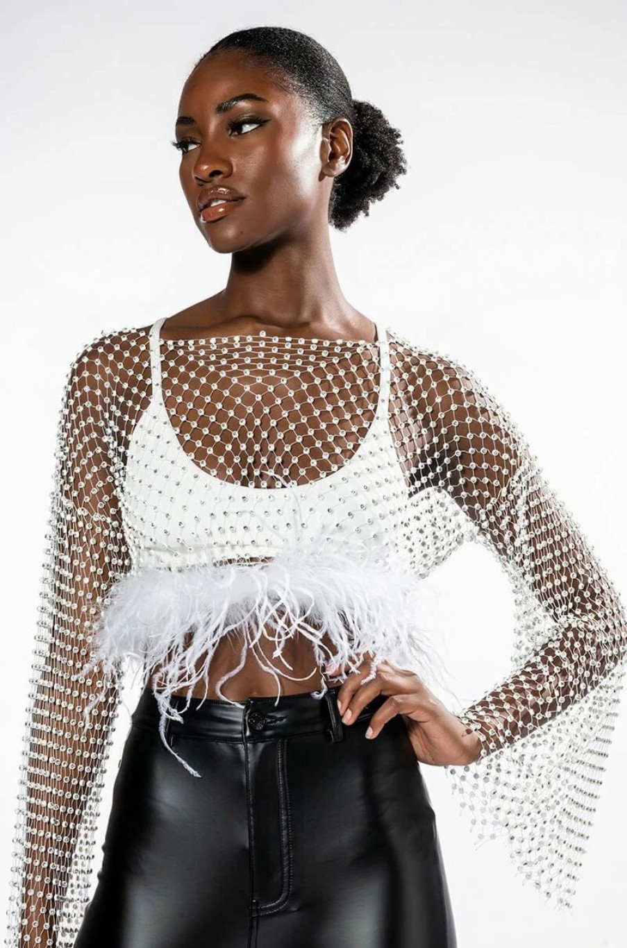 Long Sleeve Tops * | Want More Rhinestone Mesh Crop Top With Feather Trim White