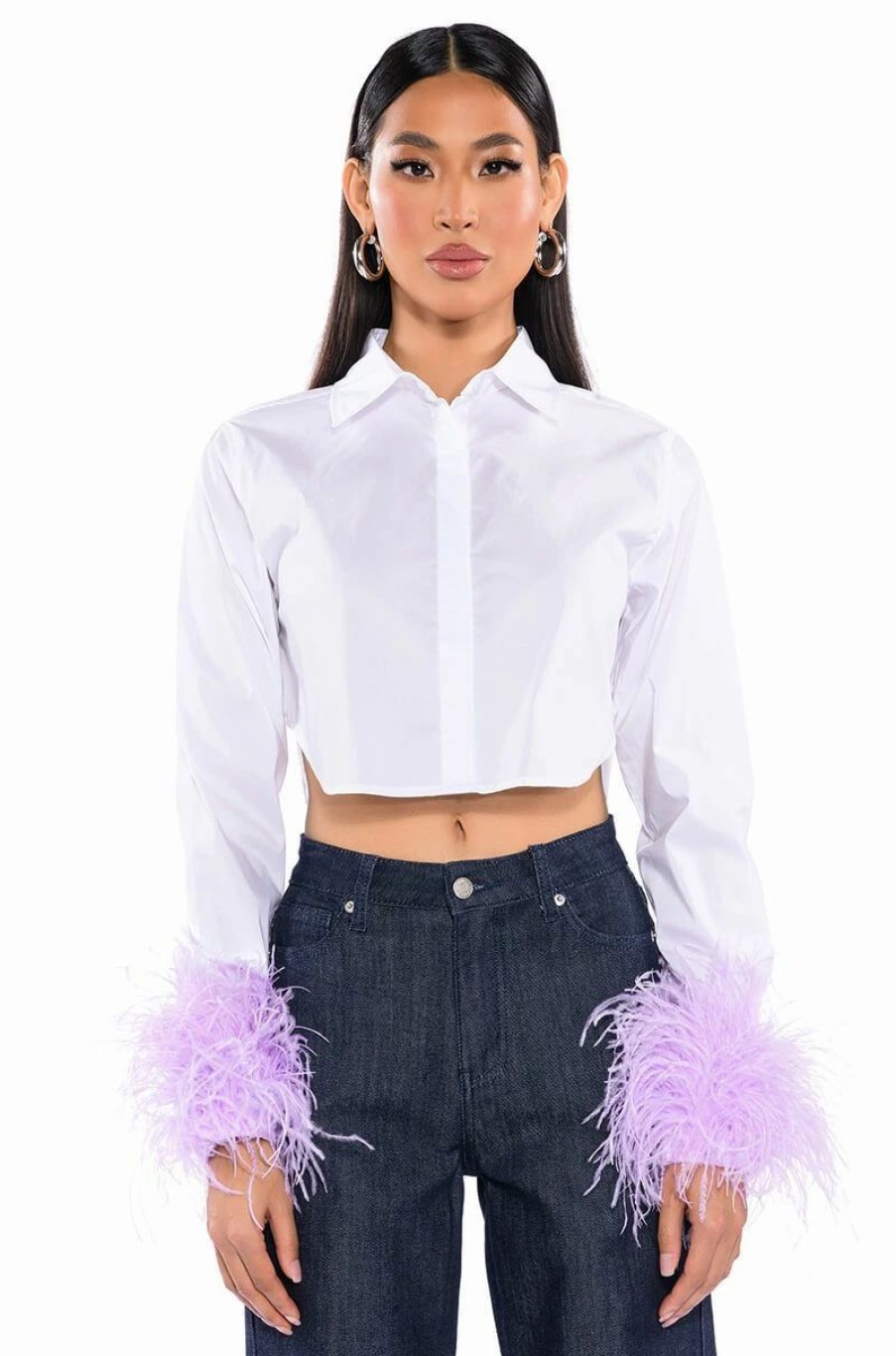 Long Sleeve Tops * | Feathers On My Mind Cropped Poplin Shirt With Feathers White Multi