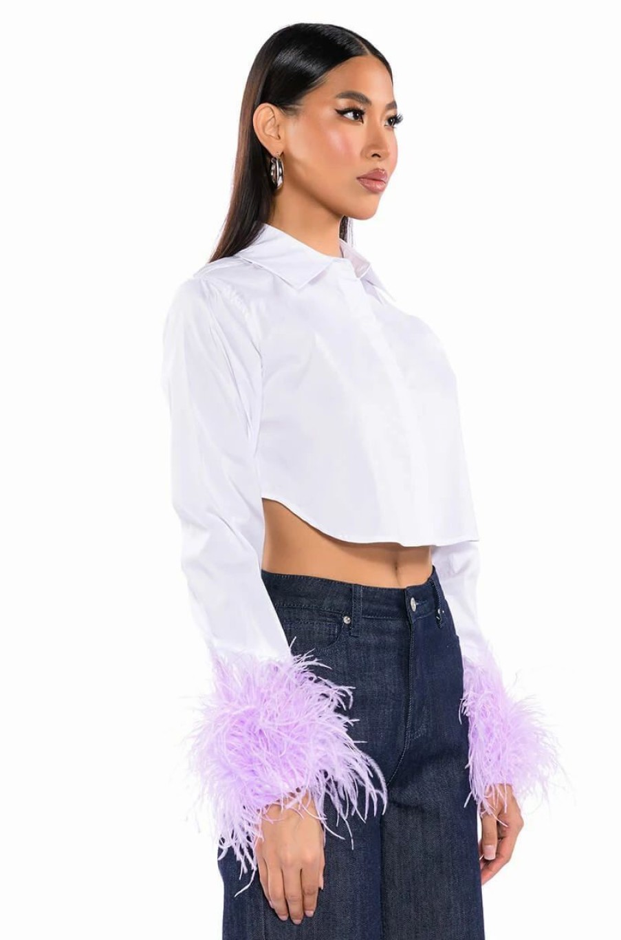 Long Sleeve Tops * | Feathers On My Mind Cropped Poplin Shirt With Feathers White Multi