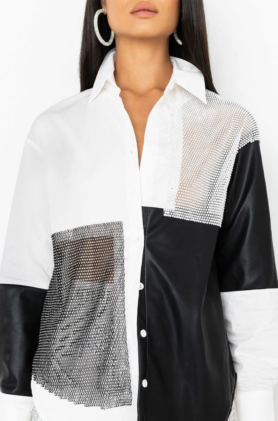 Long Sleeve Tops * | Say It Again Button Up Blouse With Rhinestone Trim Black White