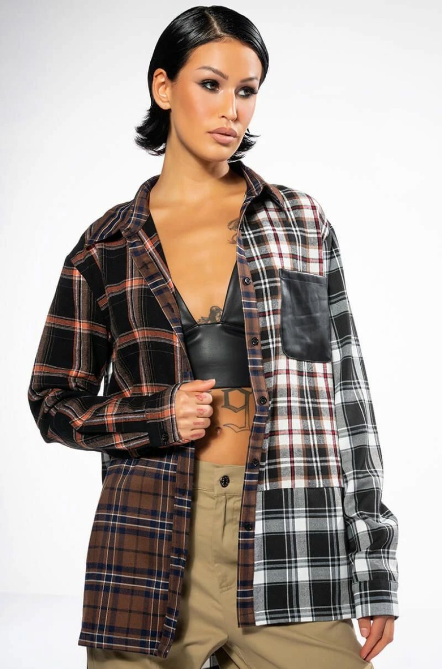 Long Sleeve Tops * | Lithium Long Sleeve Patchwork Flannel Button Down Brown Multi