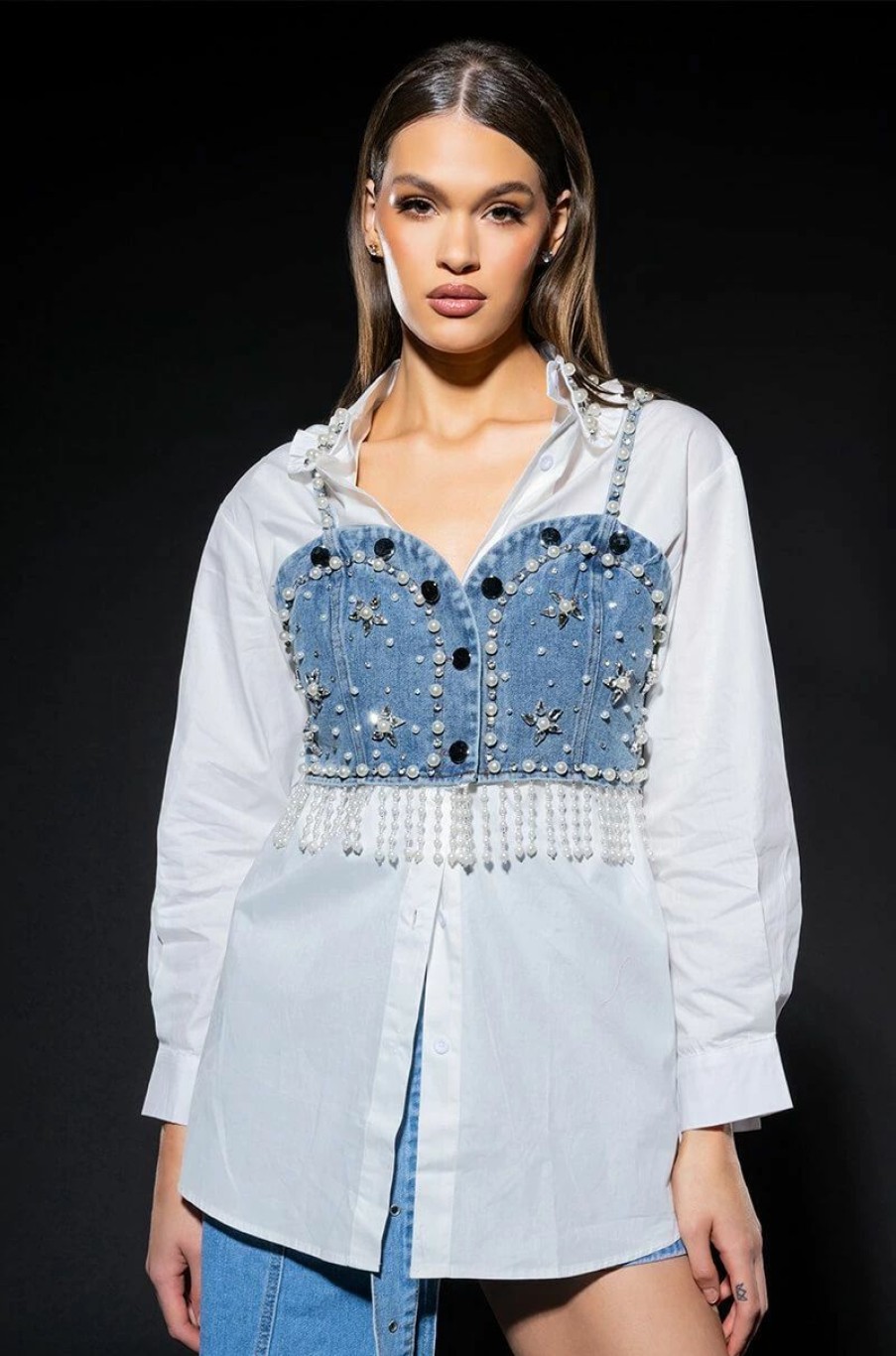 Long Sleeve Tops * | Nashville Nights Embellished Button Down Top White