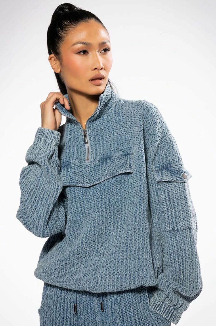 Two Piece Sets * | Monte Cozy Pocket Detail Half Zip Sweatshirt Light Blue