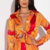 Long Sleeve Tops * | Places To Be Tie Front Satin Bodysuit Orange Multi