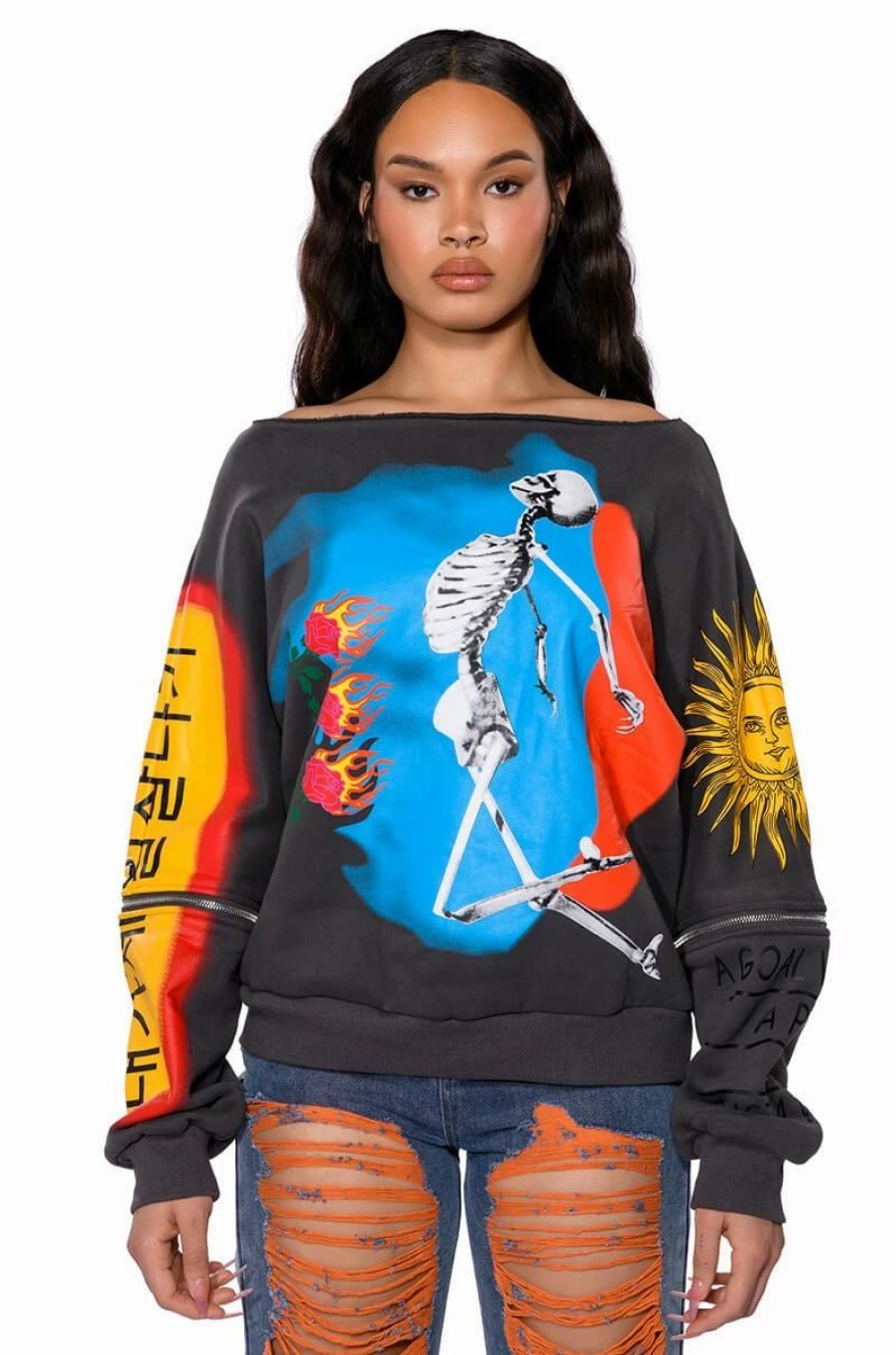 Long Sleeve Tops * | Deep Thoughts Oversized Graphic Sweatshirt Grey Multi