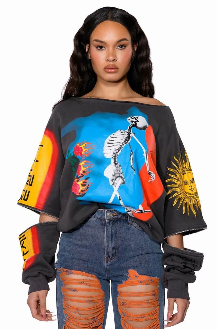 Long Sleeve Tops * | Deep Thoughts Oversized Graphic Sweatshirt Grey Multi