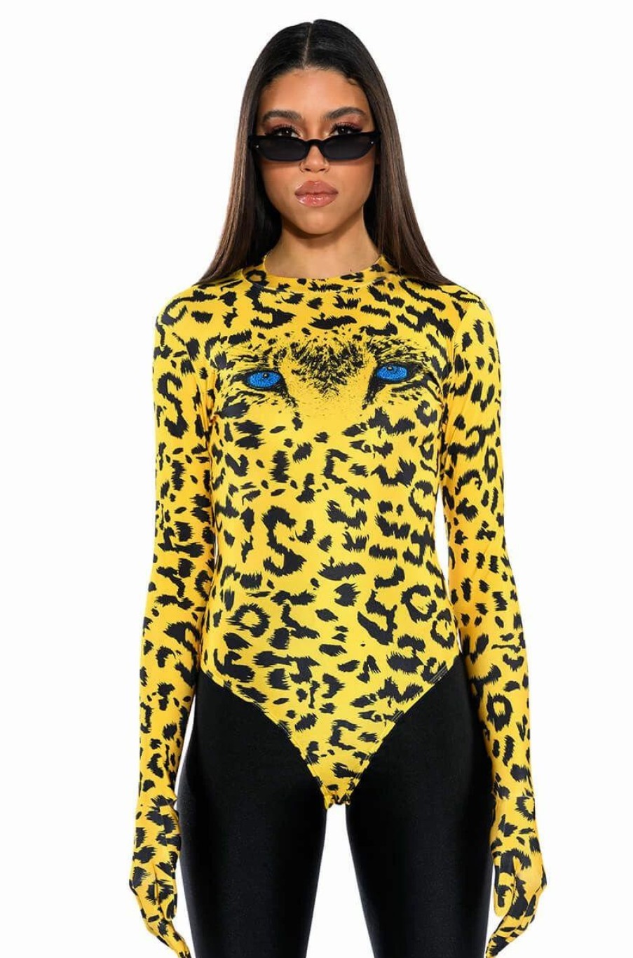 Long Sleeve Tops * | Wild Thoughts Cheetah Print Bodysuit With Glove Yellow Multi