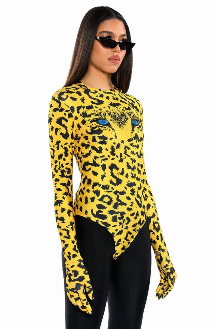 Long Sleeve Tops * | Wild Thoughts Cheetah Print Bodysuit With Glove Yellow Multi