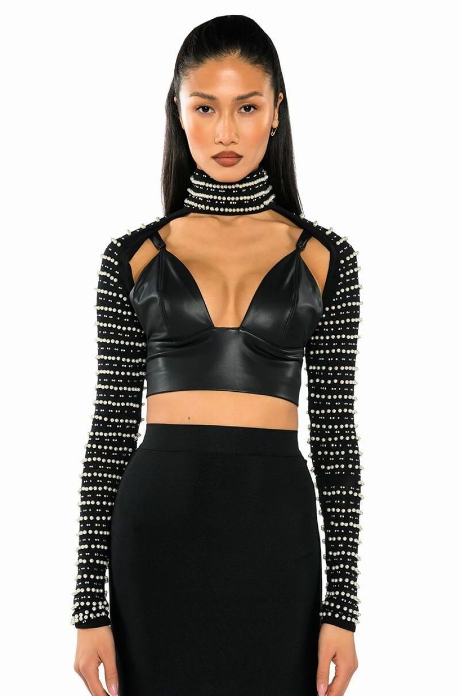 Long Sleeve Tops * | Stella Beaded Ultra Crop Turtleneck Layering Top Black