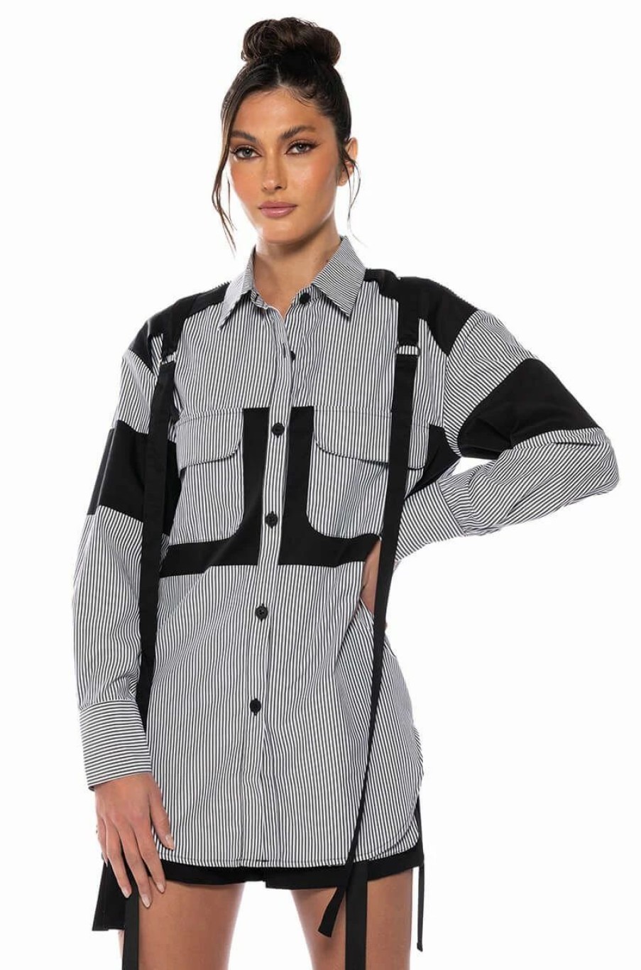 Long Sleeve Tops * | Alice Striped Cargo Button Down Black White