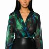 Long Sleeve Tops * | Earth Sign Long Sleeve Surplice Chiffon Cheeky Bodysuit Green Multi