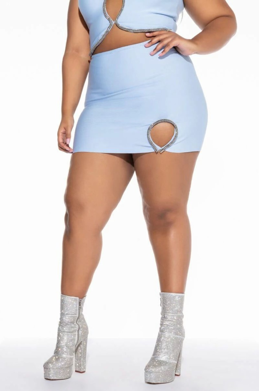 Two Piece Sets * | Plus Dress Me Up Bandage Rhinestone Mini Skirt Light Blue