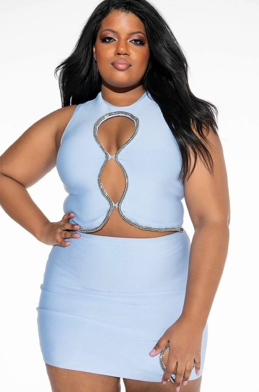 Two Piece Sets * | Plus Dress Me Up Bandage Rhinestone Mini Skirt Light Blue