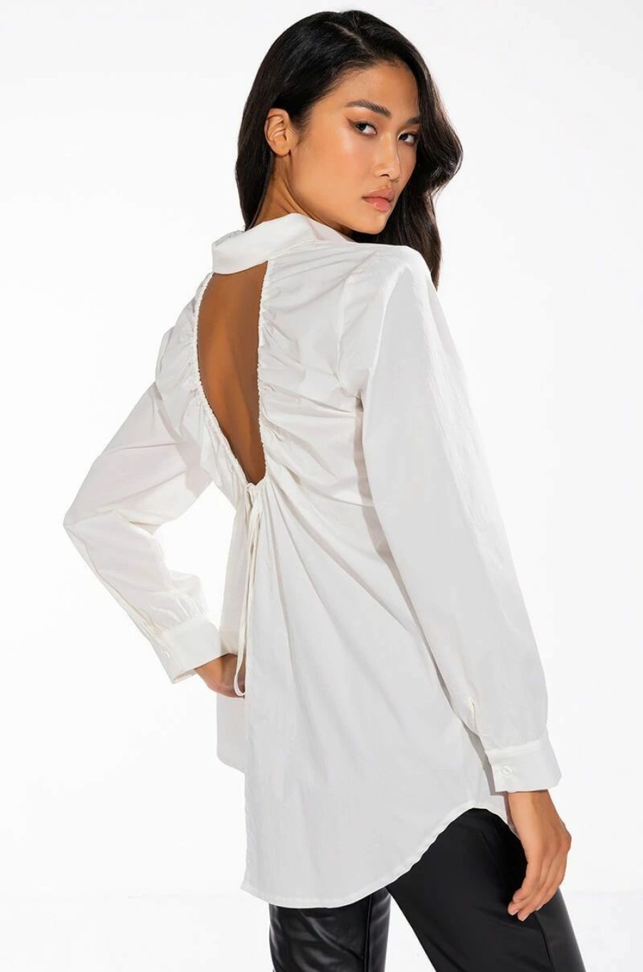 Long Sleeve Tops * | Allure Open Back Button Down Blouse White