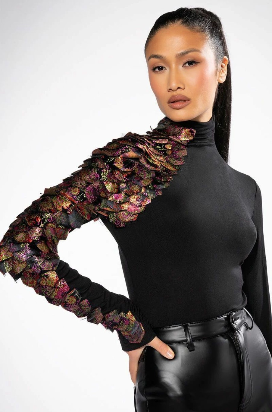 Long Sleeve Tops * | Lets Go Out Brocade Scale Top Black Multi