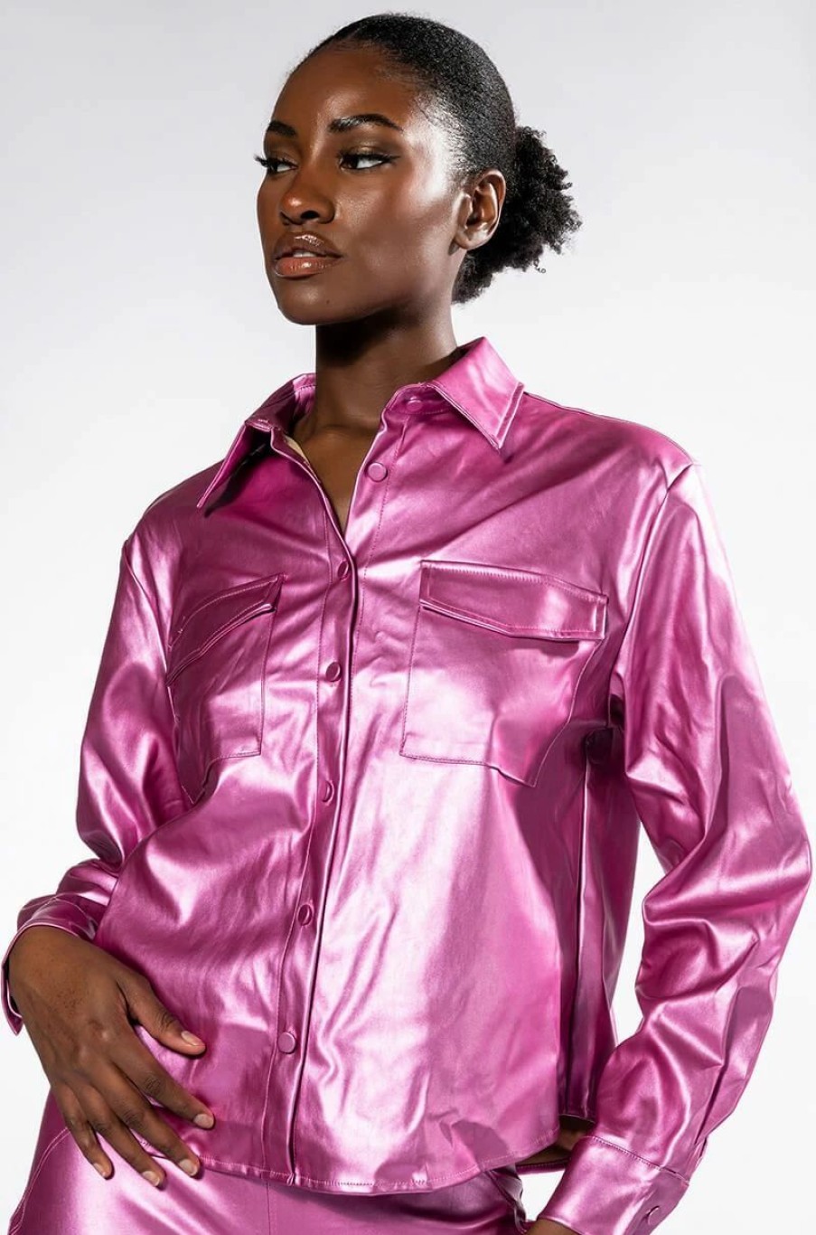 Long Sleeve Tops * | Daytime Disco Metallic Faux Leather Button Down Pink