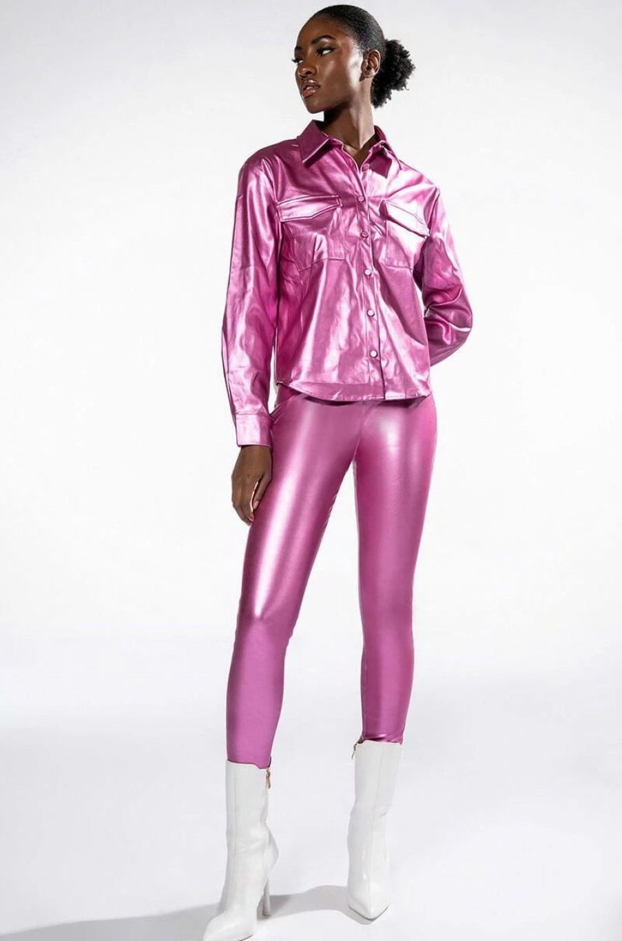 Two Piece Sets * | Daytime Disco Faux Leather Legging Pink