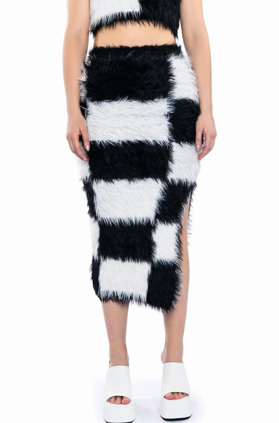 Two Piece Sets * | Checkmate Sir Fuzzy Midi Skirt Black White