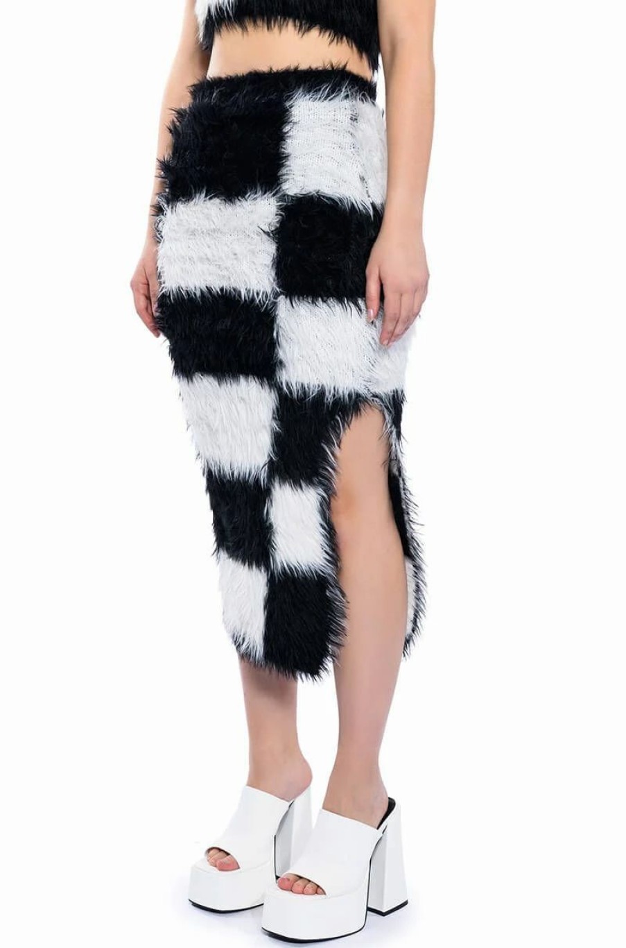 Two Piece Sets * | Checkmate Sir Fuzzy Midi Skirt Black White