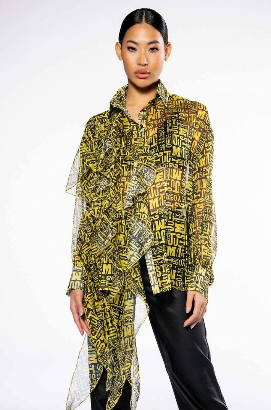 Long Sleeve Tops * | All Over Asymmetrical Buttondown Blouse Yellow Multi