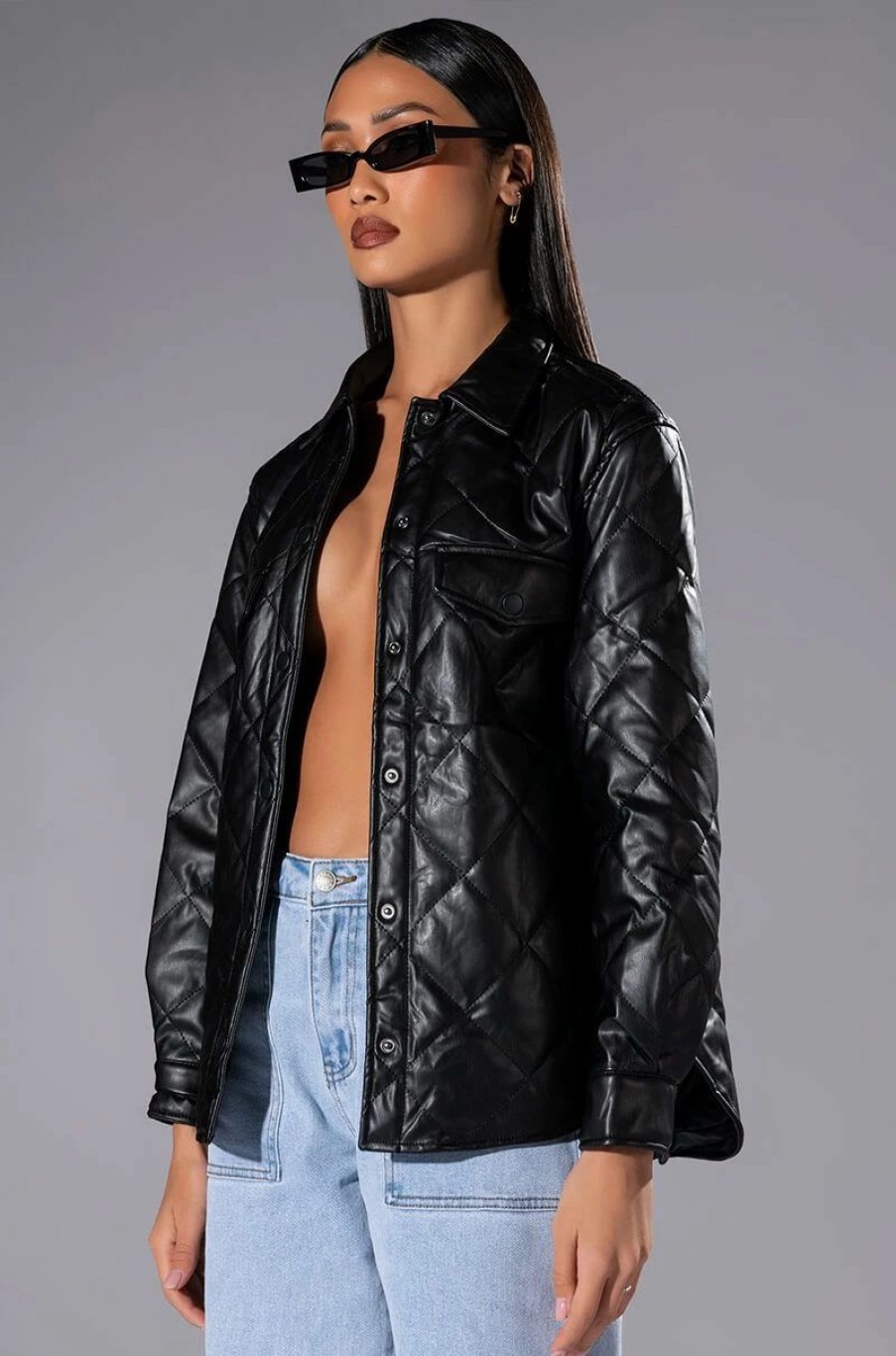 Moto Jackets * | Kate Quilted Faux Leather Button Down Shirt Black