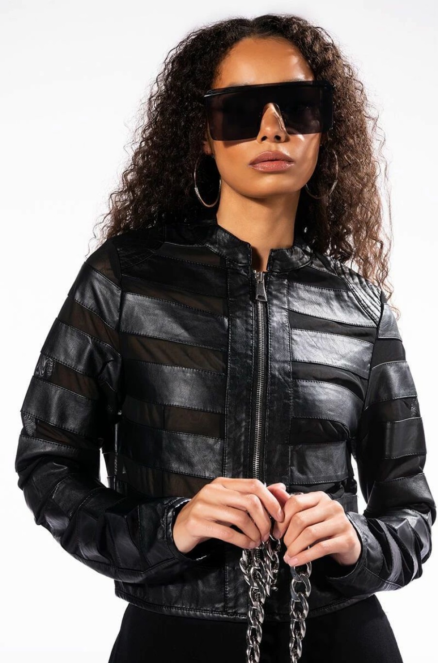 Moto Jackets * | Azalea Wang Now And Forever Sheer Panel Moto Jacket Black