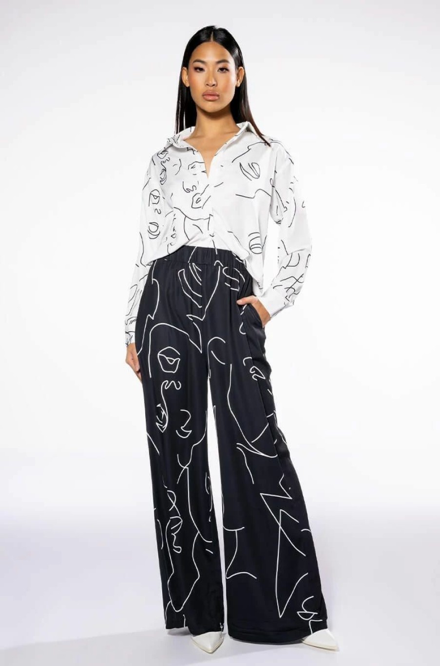 Two Piece Sets * | Faces Wide Leg Pant Black White