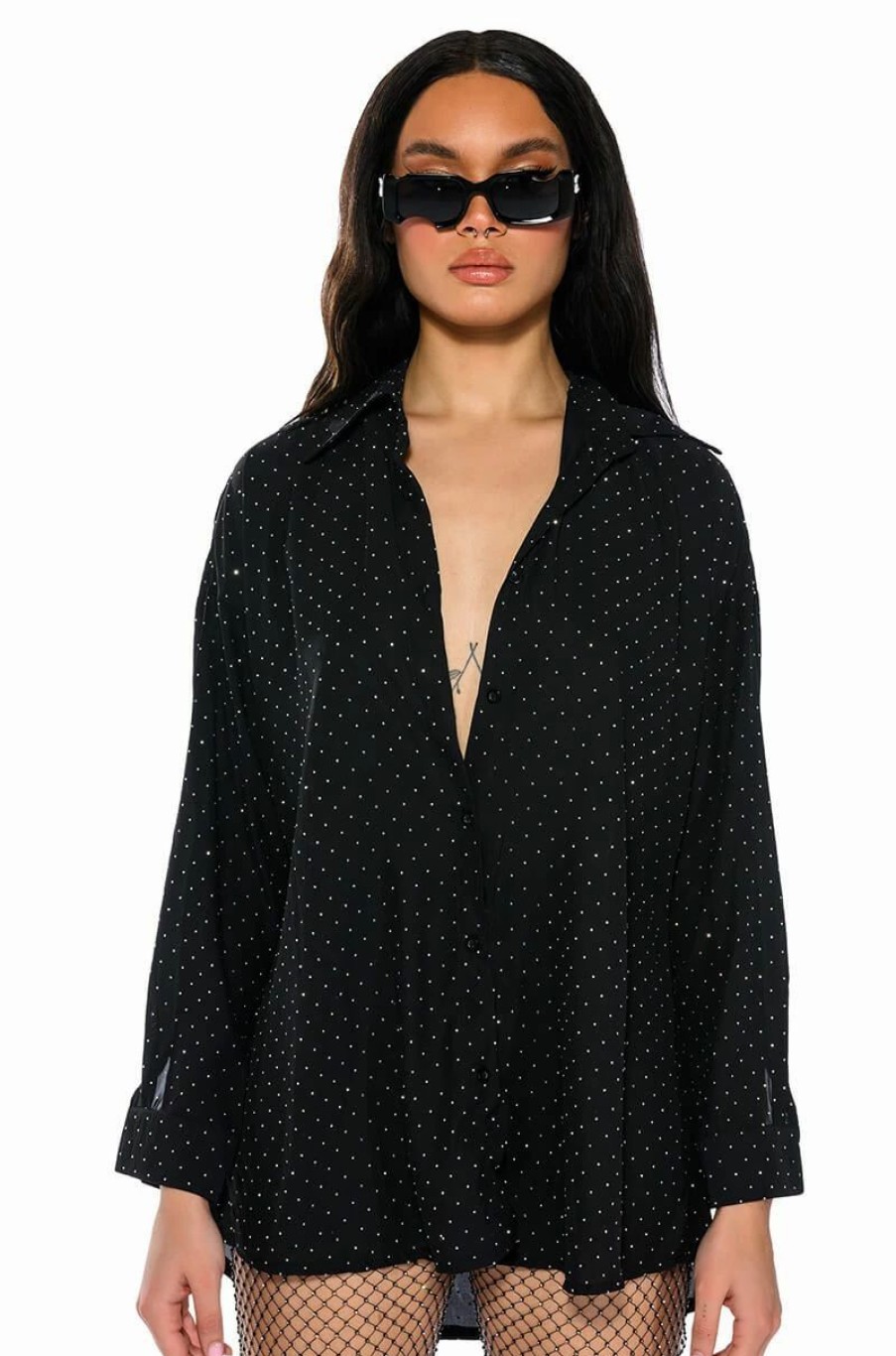 Long Sleeve Tops * | Tia Embellished Open Back Button Up Blouse Black