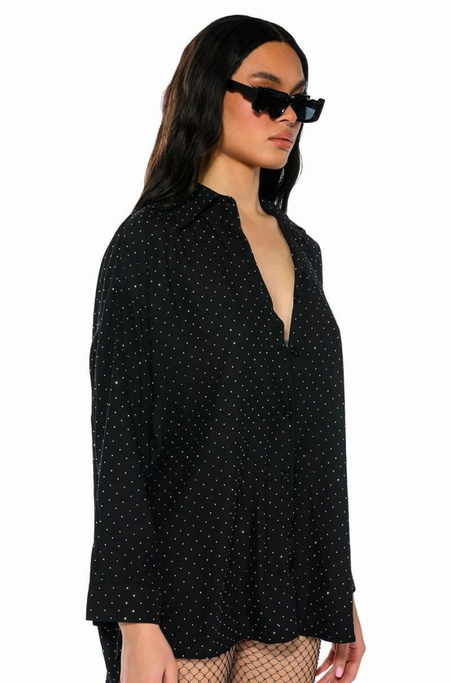 Long Sleeve Tops * | Tia Embellished Open Back Button Up Blouse Black