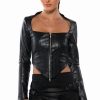 Long Sleeve Tops * | Baddie Faux Leather Square Neck Zip Front Top Black