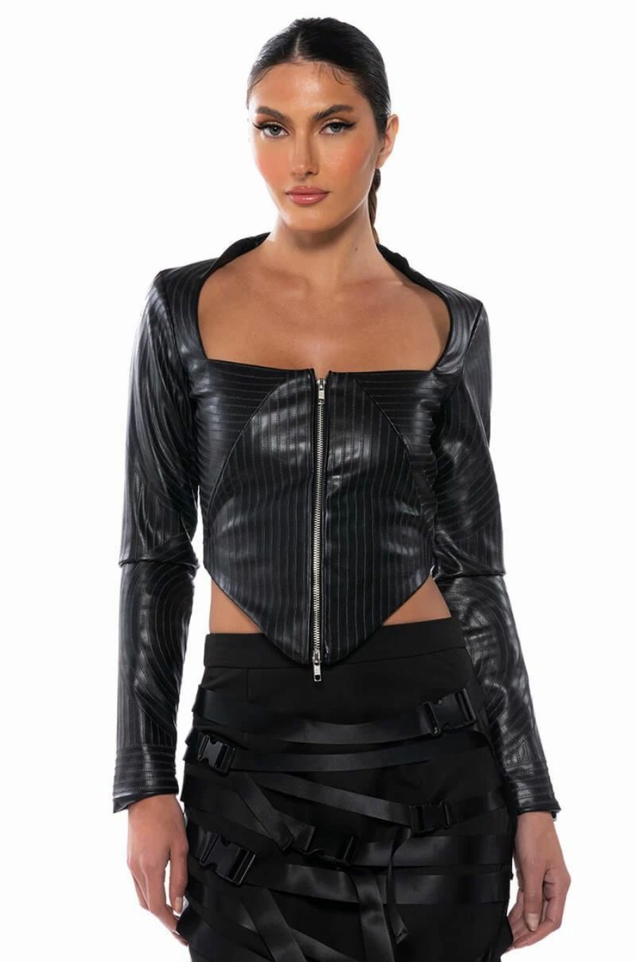 Long Sleeve Tops * | Baddie Faux Leather Square Neck Zip Front Top Black