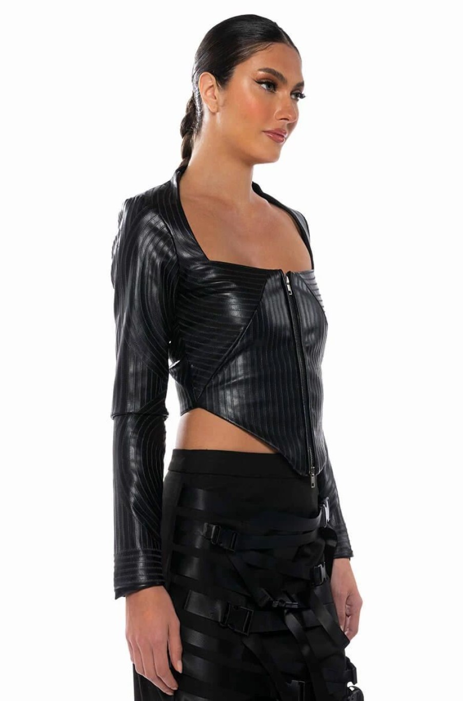 Long Sleeve Tops * | Baddie Faux Leather Square Neck Zip Front Top Black