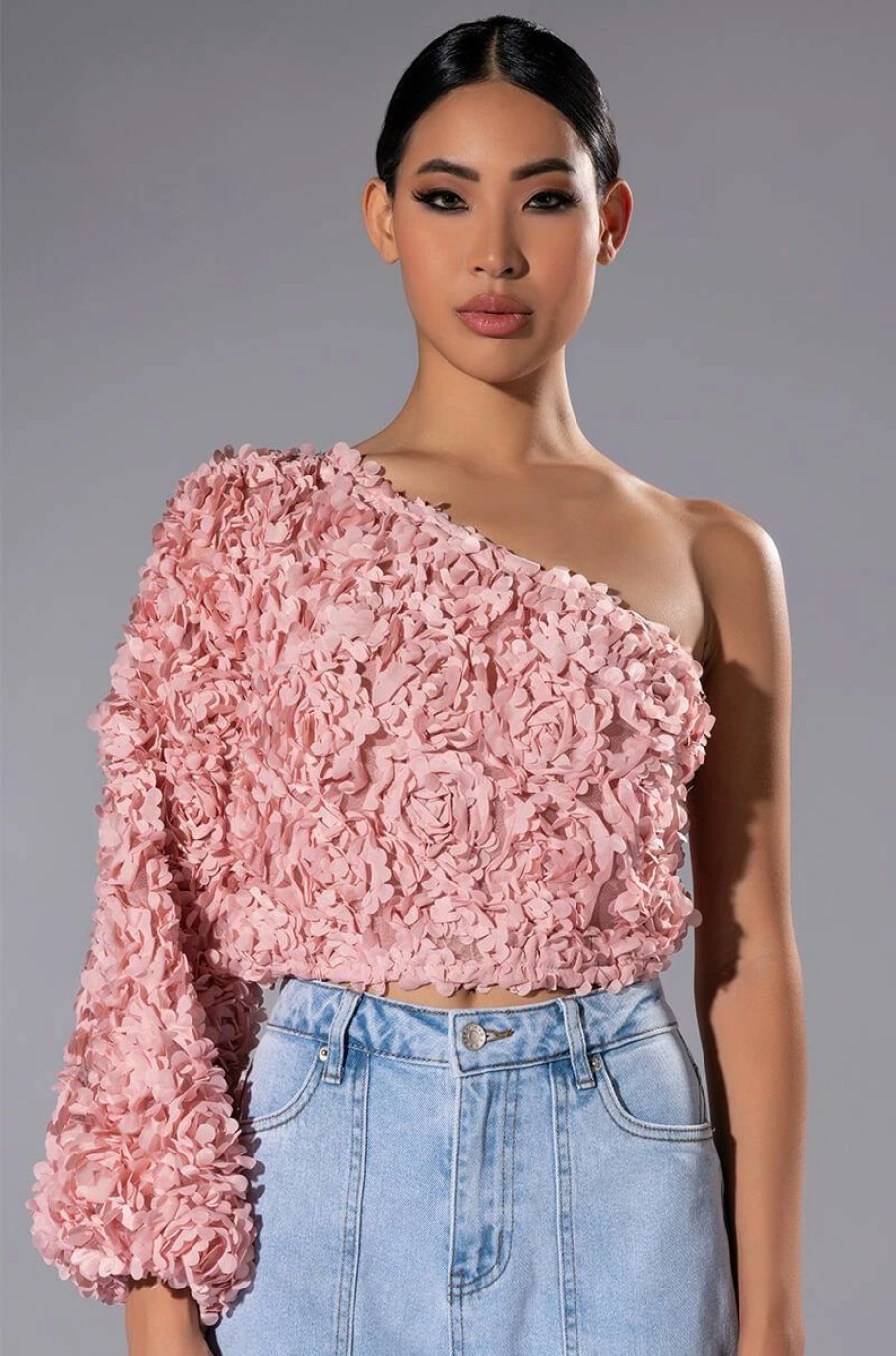 Long Sleeve Tops * | Lucia Floral Applique One Shoulder Crop Blouse Pink