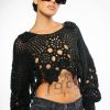 Long Sleeve Tops * | Garden Of Eden Collared Crochet Crop Top Black