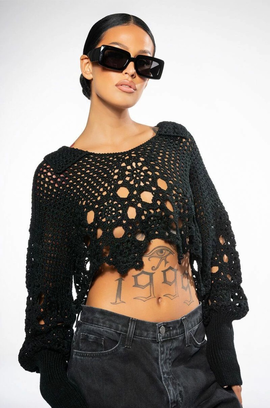 Long Sleeve Tops * | Garden Of Eden Collared Crochet Crop Top Black