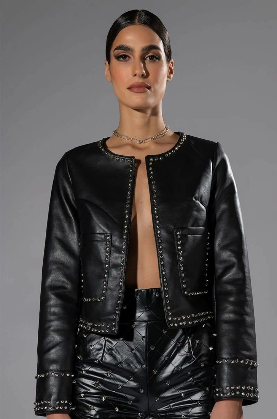 Moto Jackets * | Ready For The Party Studded Pu Jacket Black