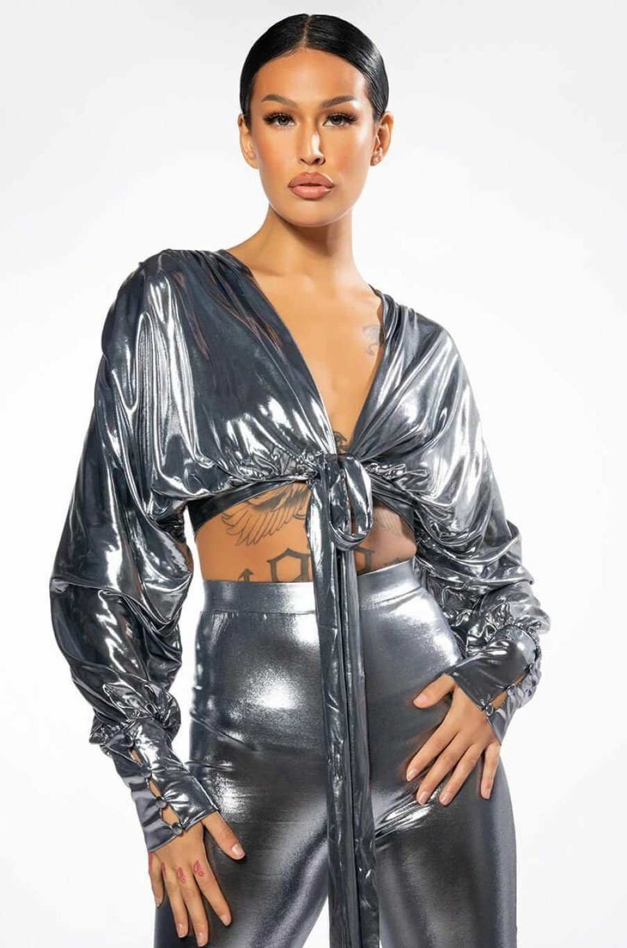 Long Sleeve Tops * | Paparazzi Shine Tie Front Top And Legging Set Silver