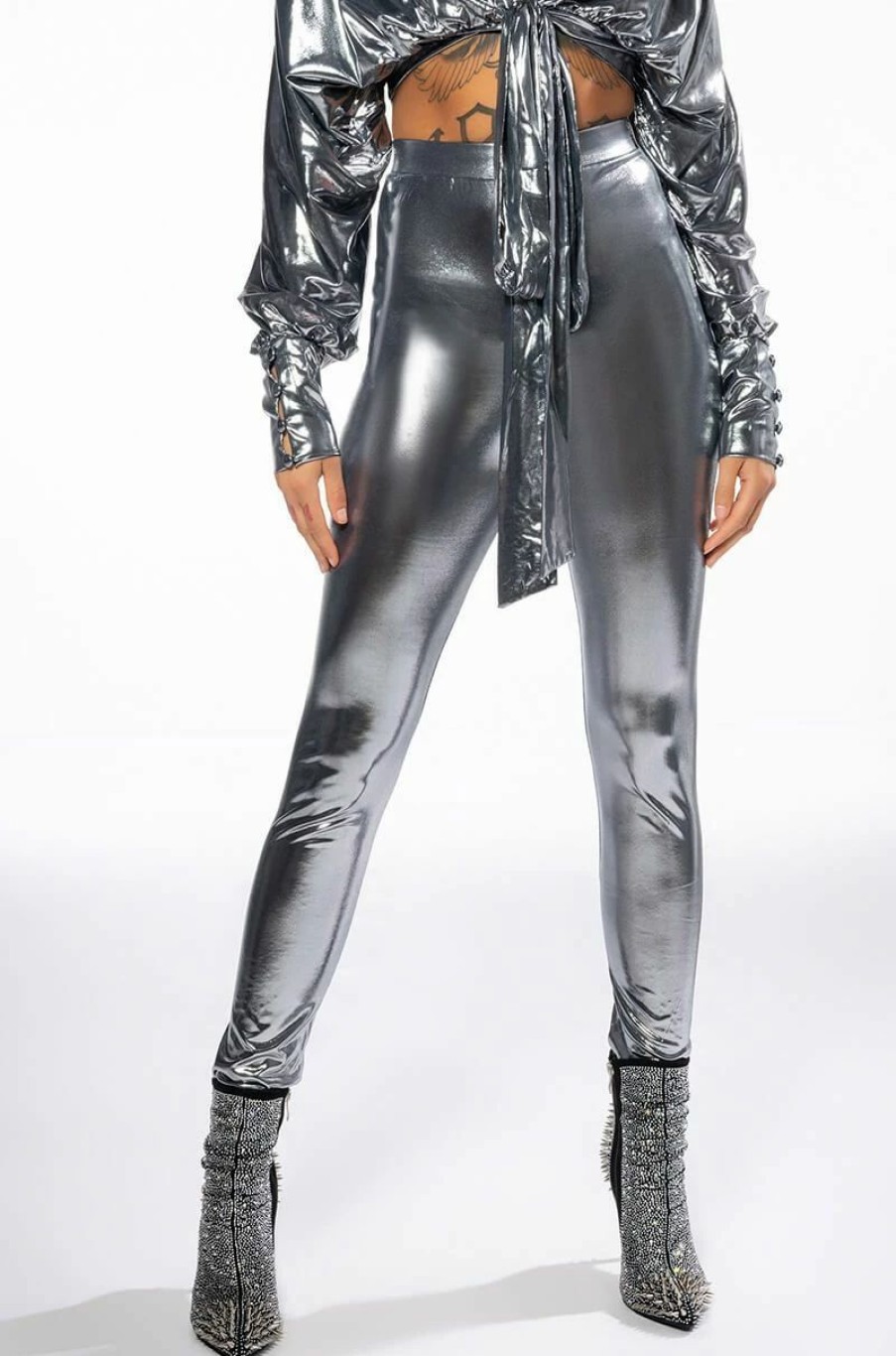 Long Sleeve Tops * | Paparazzi Shine Tie Front Top And Legging Set Silver