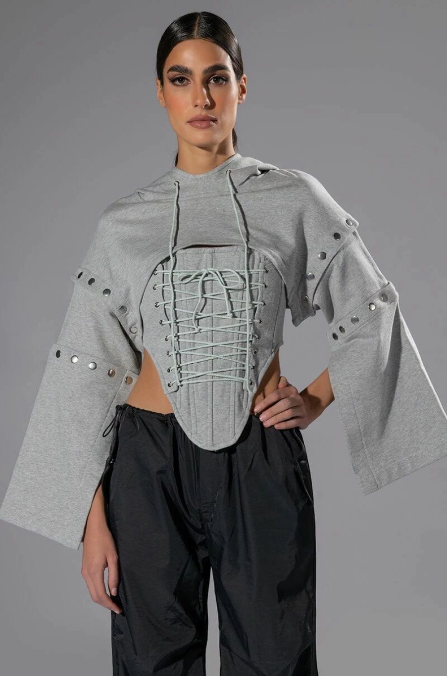 Hoodies And Sweatshirts * | Persuasive Corset And Cropped Convertible Hoodie Set Heather Grey