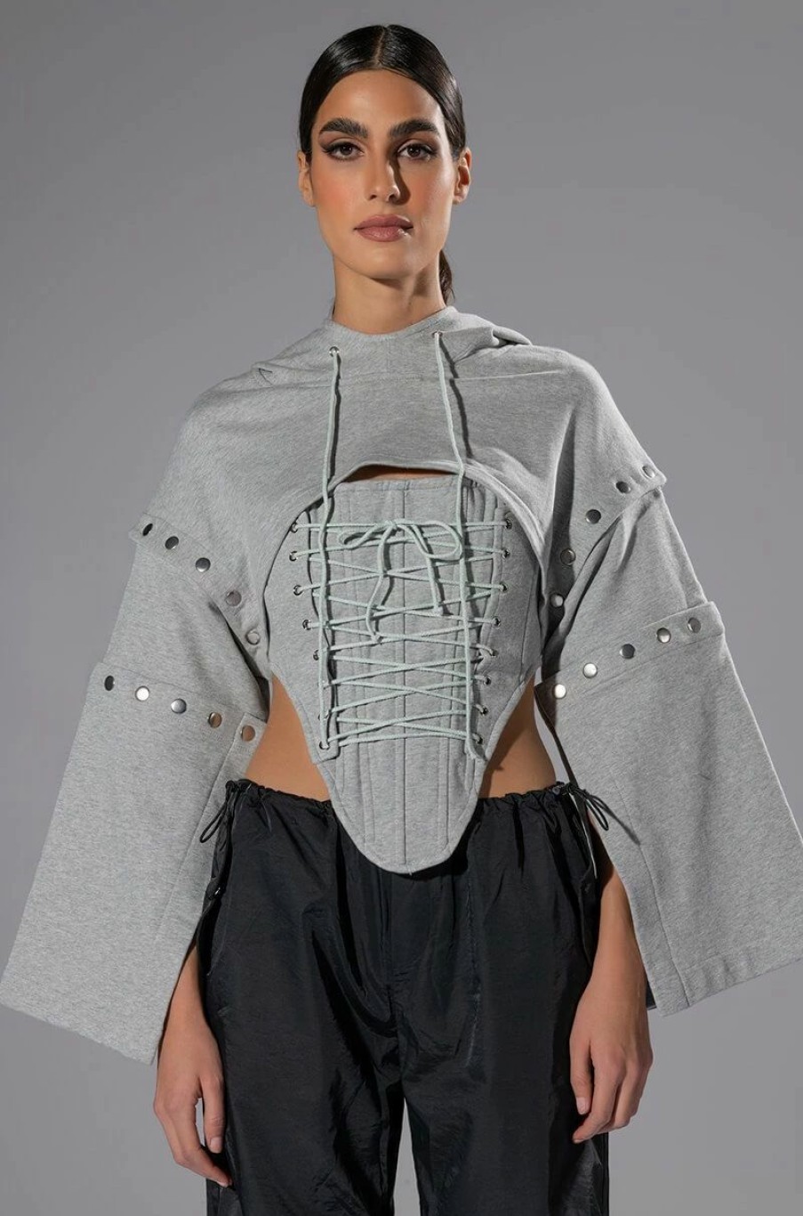 Hoodies And Sweatshirts * | Persuasive Corset And Cropped Convertible Hoodie Set Heather Grey