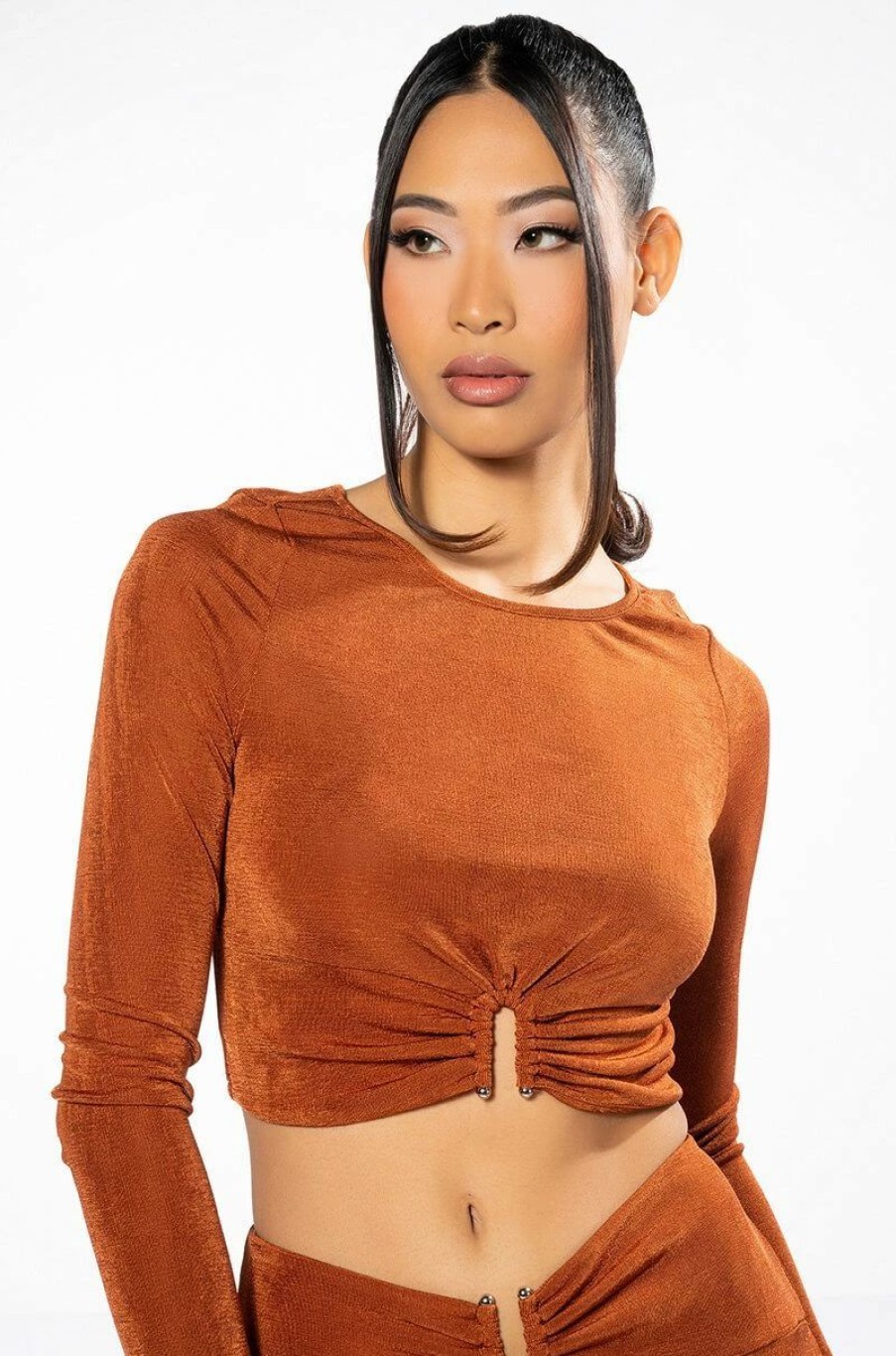 Long Sleeve Tops * | Hold Up Slinky Long Sleeve Crop Top Rust