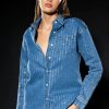 Long Sleeve Tops * | Effortless Glam Rhinestone Stripe Button Down Shirt Blue