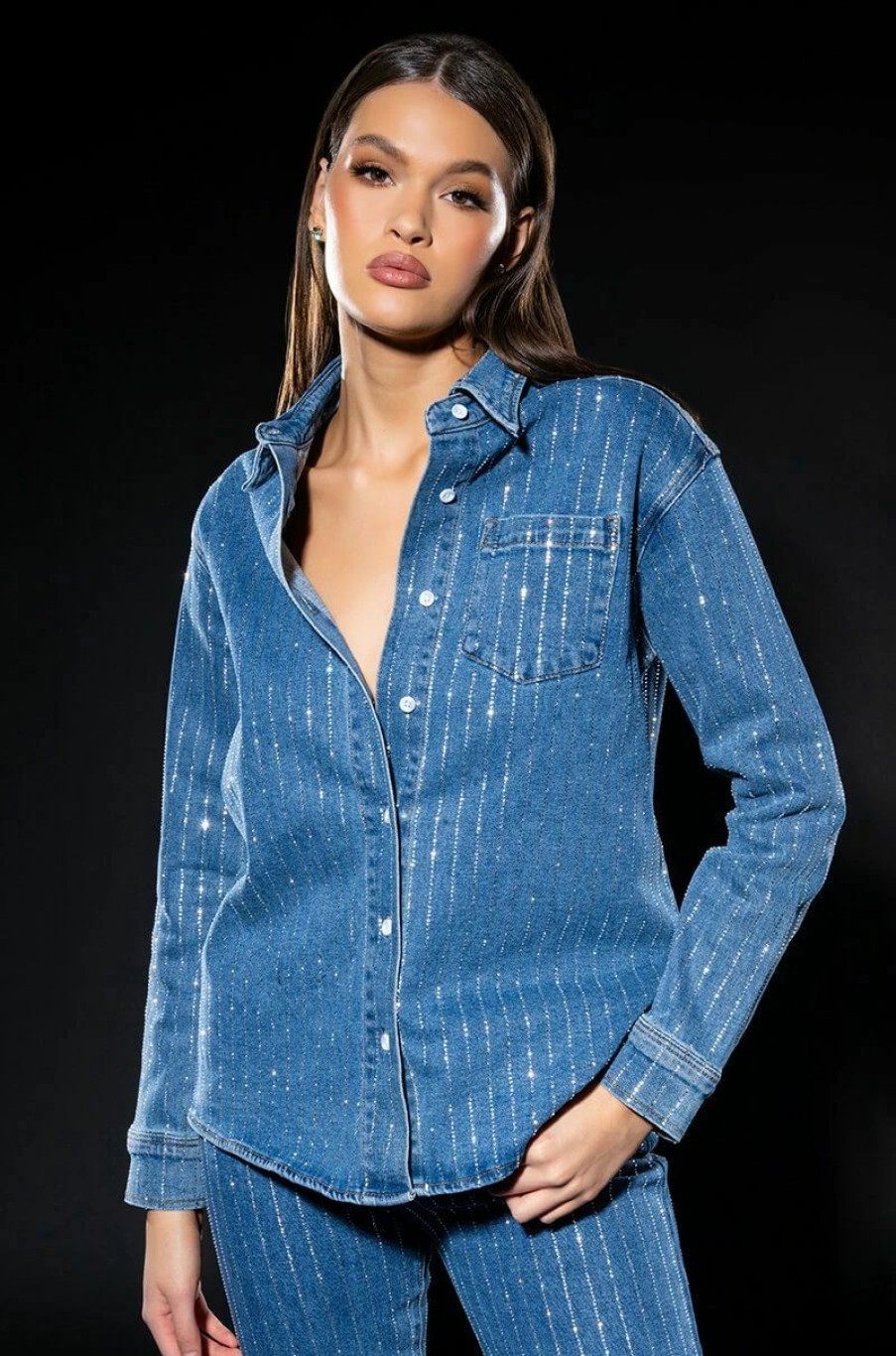 Long Sleeve Tops * | Effortless Glam Rhinestone Stripe Button Down Shirt Blue